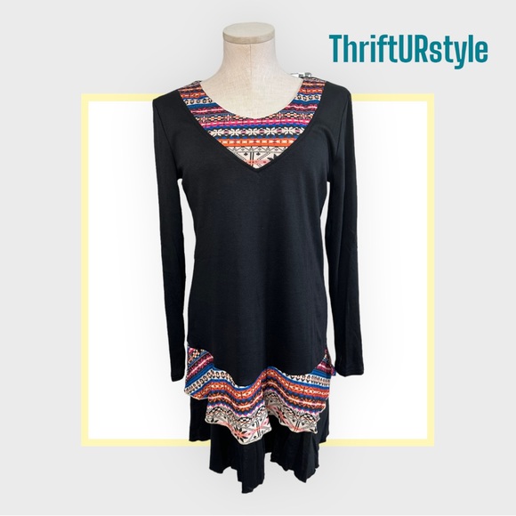 Unbranded Tops - Womens Black Southwestern Geometric Trim Long Sleeve Tunic Ruffle Hem Top Dress
